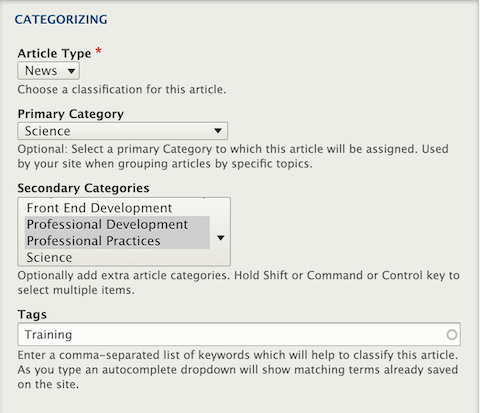 A screenshot of the Article's categorization section with the primary category and multiple secondary categories selected.